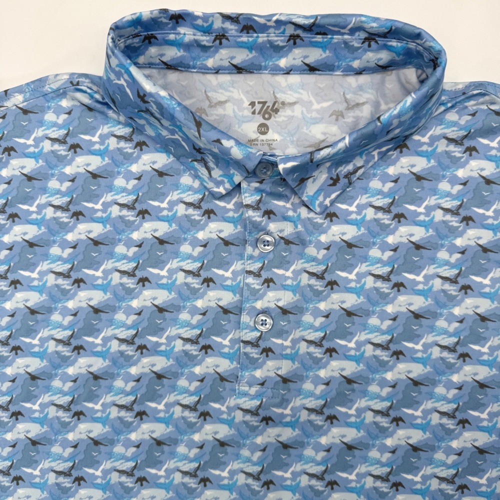 1764 Polo Shirt Mens 2XL Blue Bird Whale Print‎ Performance Short Sleeve Golf
